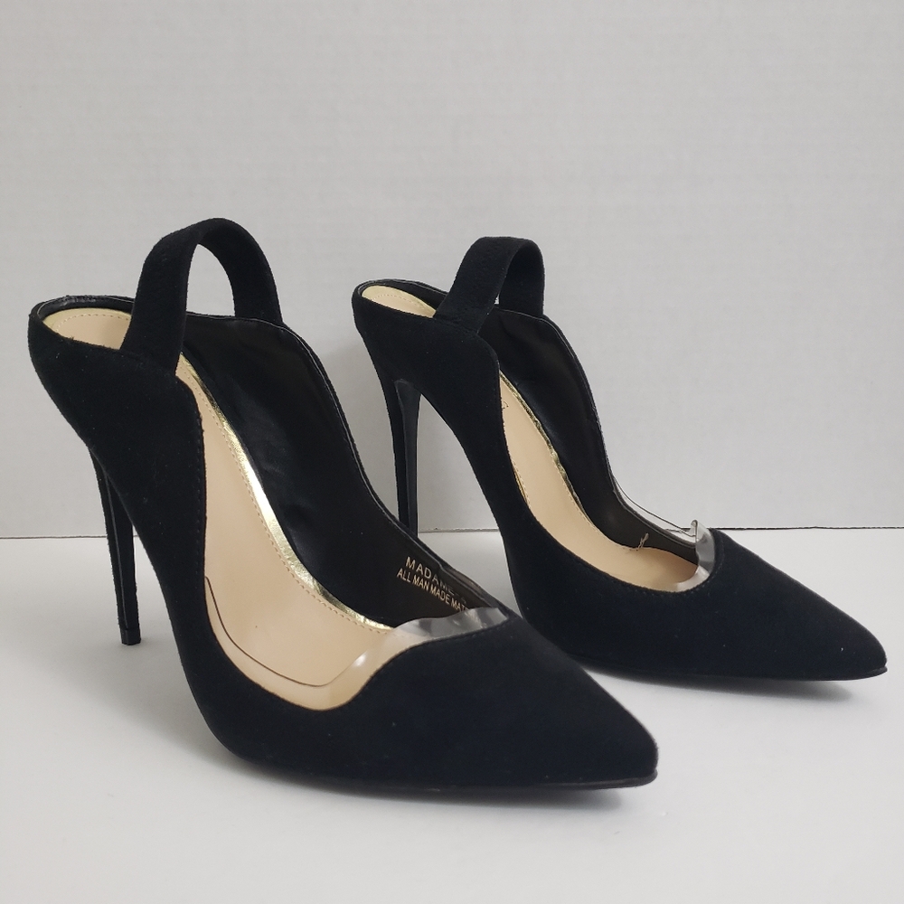 Size 8 Azalea Wang Black Point Toe Sling Back Pumps With Clear Trim Detail